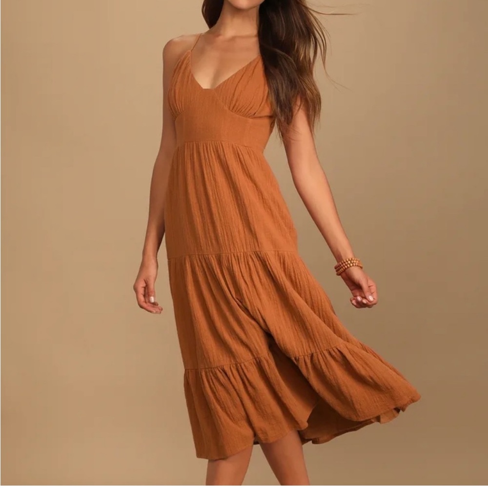 Lulu’s Bliss Abounds Rust Tiered Midi Dress